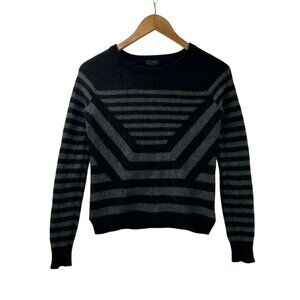Theory Women's Petite Black Gray Striped 100% Cashmere Crew Neck Sweater